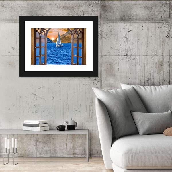 Sailing Ship In The Lake From Window View Canvas Wall Art-3 Horizontal-Gallery Wrap-25" x 16"-Tiaracle