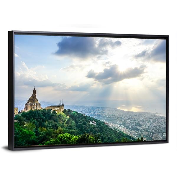 Saint Paul Basilica Jounieh Landscape At Sunset Canvas Wall Art-3 Horizontal-Gallery Wrap-25" x 16"-Tiaracle