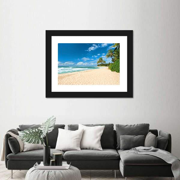 Sandy Beach With Palms Trees And Azure Ocean Canvas Wall Art-3 Horizontal-Gallery Wrap-25" x 16"-Tiaracle