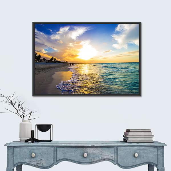 Sandy Beach With The Ocean At Sunset Canvas Wall Art-1 Piece-Floating Frame-36" x 24"-Tiaracle