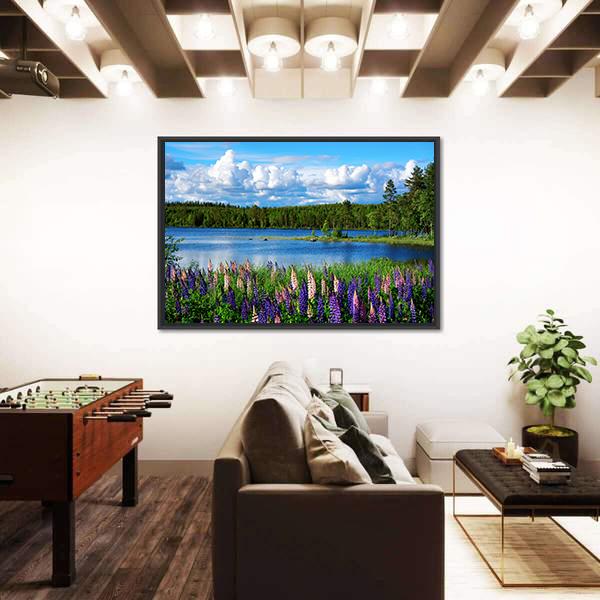 Scandinavian Summer Landscape With Lupies And Lake Canvas Wall Art-1 Piece-Floating Frame-36" x 24"-Tiaracle