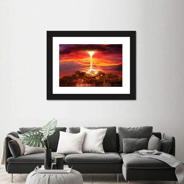 Scene With UFO Floating Over The Island Canvas Wall Art-3 Horizontal-Gallery Wrap-25" x 16"-Tiaracle