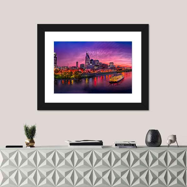 Scenery Of Nashville Skyline With Boat Canvas Wall Art-1 Piece-Framed Print-20" x 16"-Tiaracle