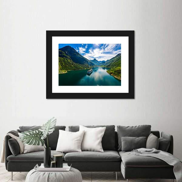 Scenic Geiranger Fjord In Norway Canvas Wall Art-1 Piece-Framed Print-20" x 16"-Tiaracle