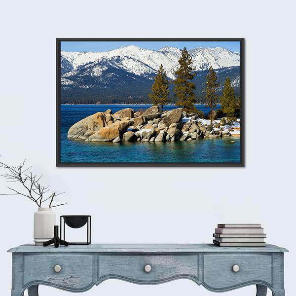 Scenic Lake Tahoe In Winter Canvas Wall Art-1 Piece-Floating Frame-36" x 24"-Tiaracle