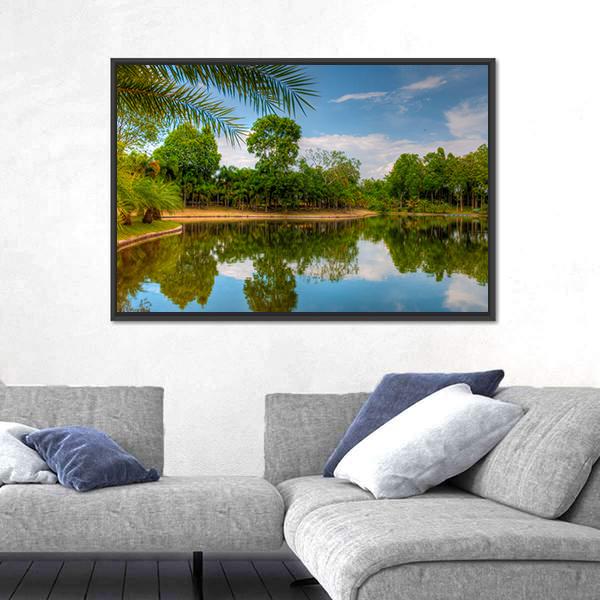 Scenic Lake View With Garden Canvas Wall Art-3 Horizontal-Gallery Wrap-25" x 16"-Tiaracle