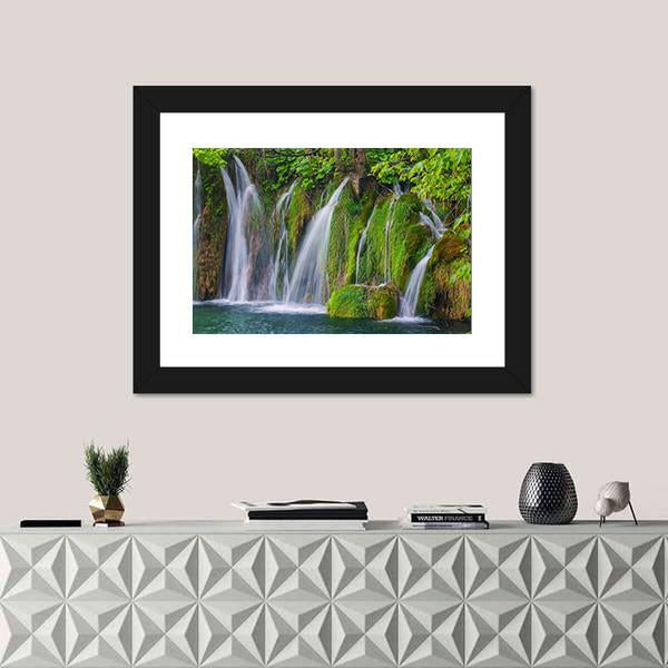 Scenic Waterfall In The Forest Canvas Wall Art-1 Piece-Framed Print-20" x 16"-Tiaracle