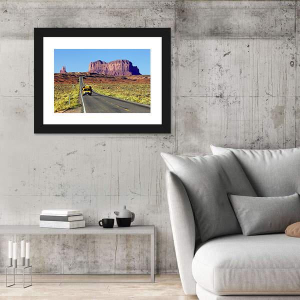 School Bus On Road At Monument Valley USA Canvas Wall Art-5 Horizontal-Gallery Wrap-22" x 12"-Tiaracle