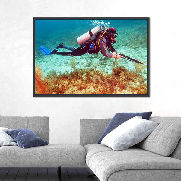 Scuba Diver Near Coral Bottom Canvas Wall Art-5 Horizontal-Gallery Wrap-22" x 12"-Tiaracle