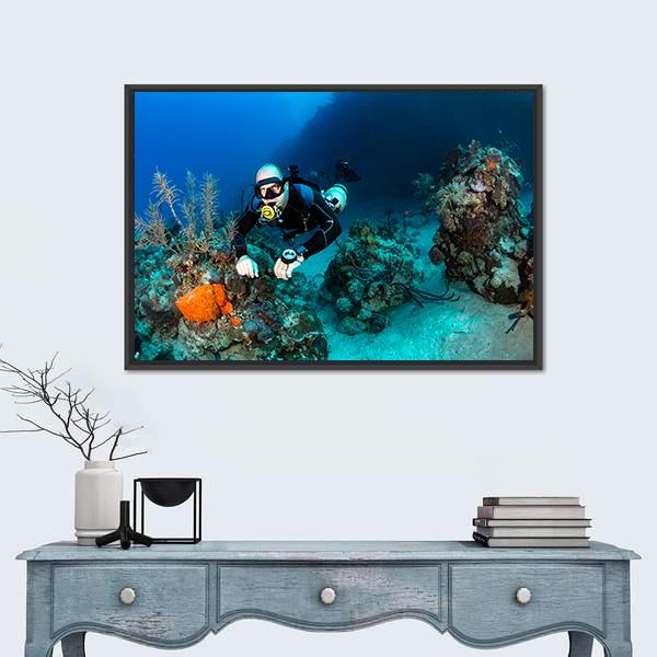 Scuba Diver On A Tropical Coral Reef Canvas Wall Art-1 Piece-Floating Frame-24" x 16"-Tiaracle