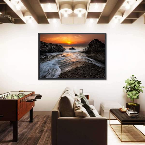 Sea Sunrise At The Black Sea Coast In Bulgaria Canvas Wall Art-1 Piece-Floating Frame-36" x 24"-Tiaracle