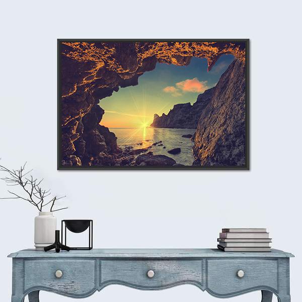 Sea Sunset From Mountain Cave Canvas Wall Art-1 Piece-Floating Frame-24" x 16"-Tiaracle