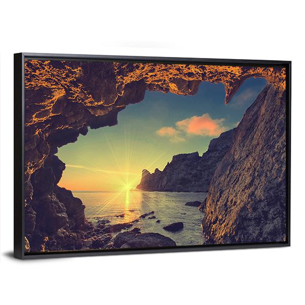 Sea Sunset From Mountain Cave Canvas Wall Art-3 Horizontal-Gallery Wrap-25" x 16"-Tiaracle
