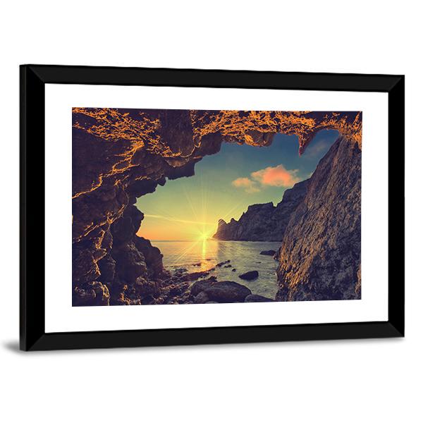 Sea Sunset From Mountain Cave Canvas Wall Art-3 Horizontal-Gallery Wrap-25" x 16"-Tiaracle