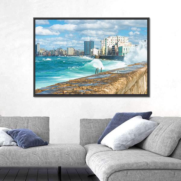 Sea Waves Crashing On The Malecon Seawall Canvas Wall Art-3 Horizontal-Gallery Wrap-25" x 16"-Tiaracle