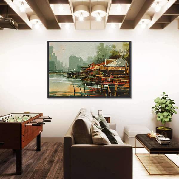 Seascape Painting Showing Old Fishing Village Watercolor Style Canvas Wall Art-3 Horizontal-Gallery Wrap-25" x 16"-Tiaracle