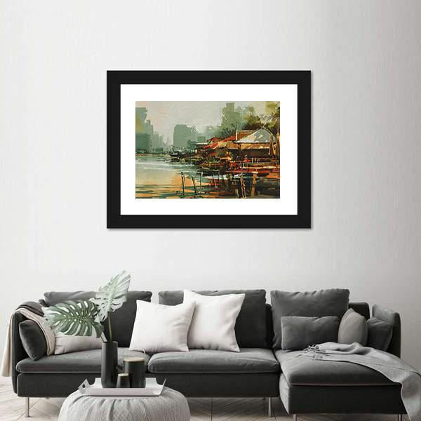 Seascape Painting Showing Old Fishing Village Watercolor Style Canvas Wall Art-3 Horizontal-Gallery Wrap-25" x 16"-Tiaracle