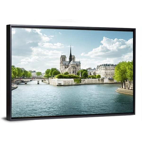 Seine And Notre Dame de Paris In France Canvas Wall Art-3 Horizontal-Gallery Wrap-25" x 16"-Tiaracle