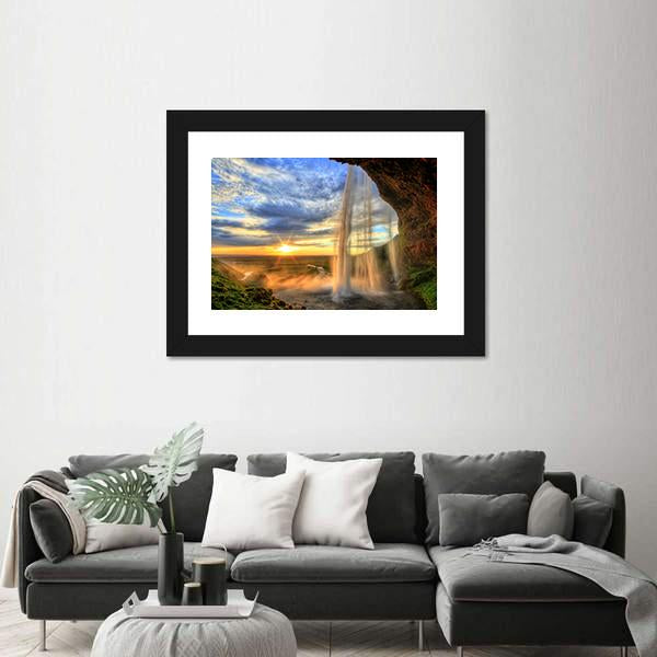 Seljalandfoss Waterfall At Sunset In Iceland Canvas Wall Art-1 Piece-Framed Print-20" x 16"-Tiaracle