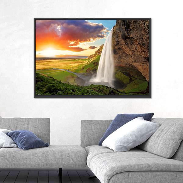 Seljalandsfoss Waterfall In Iceland Canvas Wall Art-5 Horizontal-Gallery Wrap-22" x 12"-Tiaracle