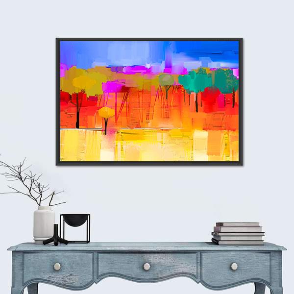 Semi Abstract Image Of Tree And Field with Blue Sky Canvas Wall Art-1 Piece-Floating Frame-24" x 16"-Tiaracle