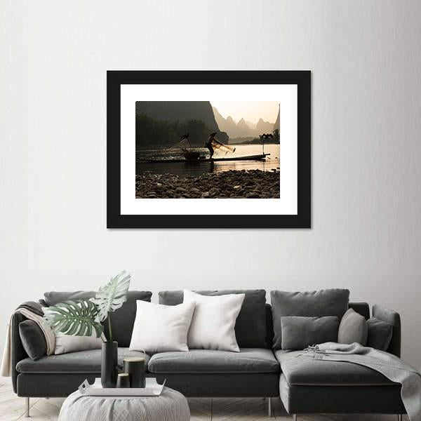 Senior Adult Fishing In China Canvas Wall Art-1 Piece-Framed Print-42" x 14"-Tiaracle