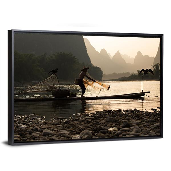 Senior Adult Fishing In China Canvas Wall Art-3 Horizontal-Gallery Wrap-25" x 16"-Tiaracle