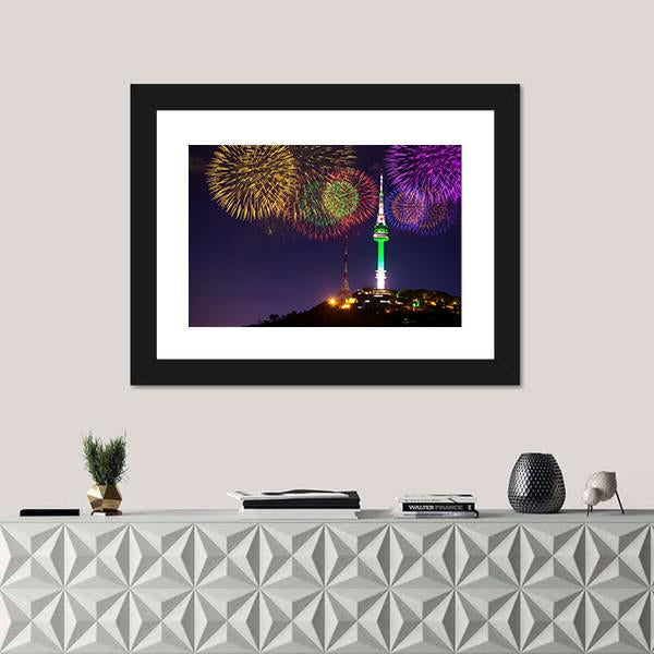 Seoul Tower And Firework In Korea Canvas Wall Art-1 Piece-Framed Print-20" x 16"-Tiaracle