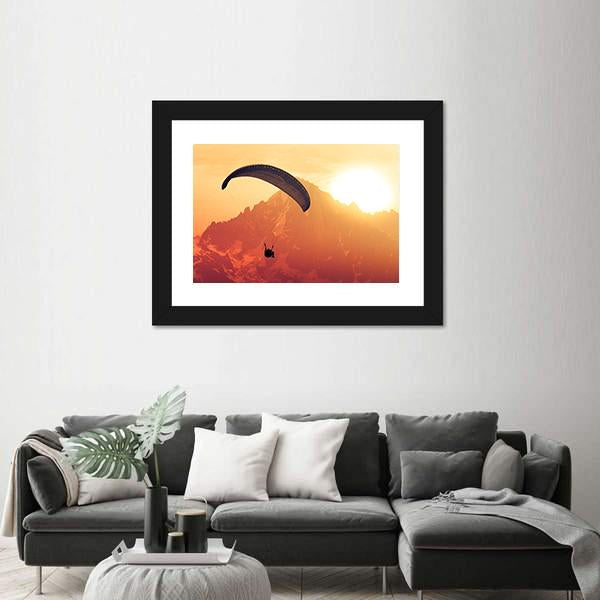 Sepia Paraglide Silhouette Over Alps Peaks Canvas Wall Art-1 Piece-Framed Print-20" x 16"-Tiaracle