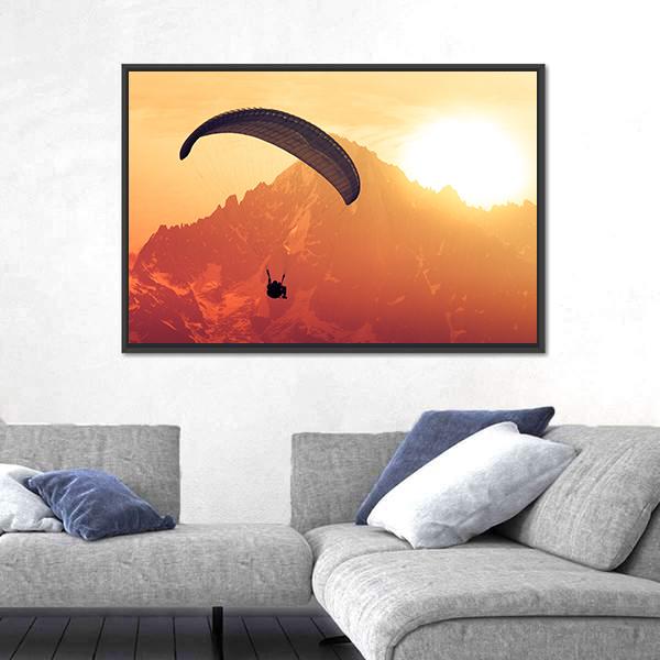 Sepia Paraglide Silhouette Over Alps Peaks Canvas Wall Art-5 Horizontal-Gallery Wrap-22" x 12"-Tiaracle