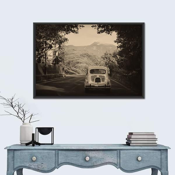 Sepia Photo Of A Retro car Going To Mountains Canvas Wall Art-1 Piece-Floating Frame-24" x 16"-Tiaracle
