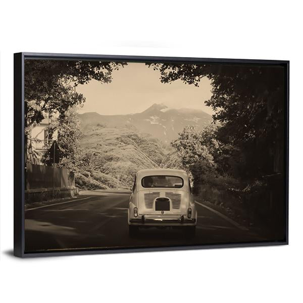 Sepia Photo Of A Retro car Going To Mountains Canvas Wall Art-3 Horizontal-Gallery Wrap-25" x 16"-Tiaracle
