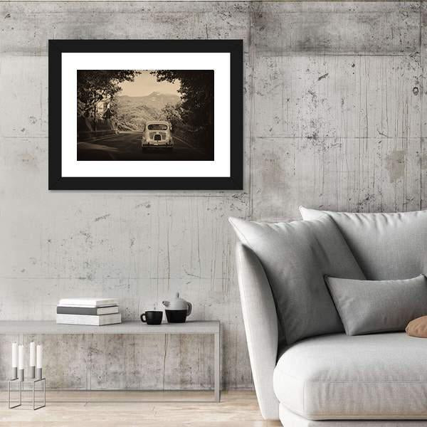 Sepia Photo Of A Retro car Going To Mountains Canvas Wall Art-3 Horizontal-Gallery Wrap-25" x 16"-Tiaracle