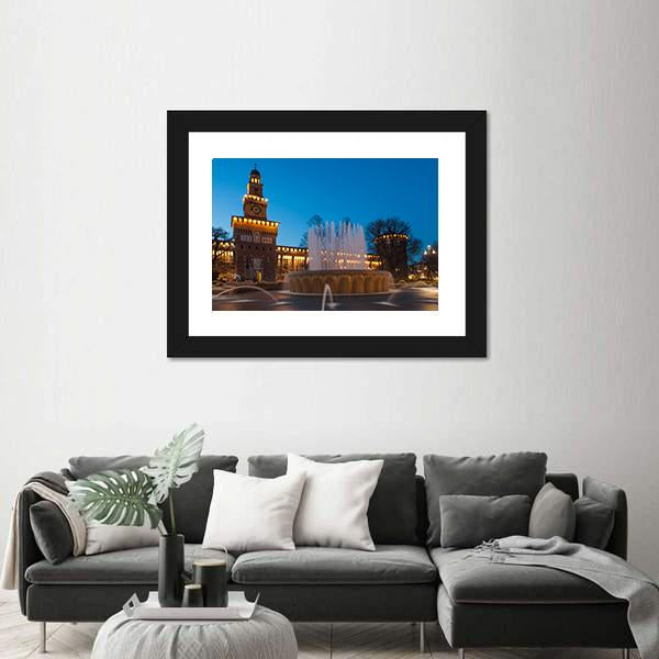 Sforzesco Castle By Night In Milan Canvas Wall Art-1 Piece-Framed Print-20" x 16"-Tiaracle