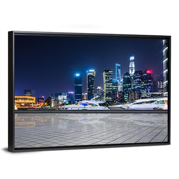 Shanghai At Night In China Canvas Wall Art-3 Horizontal-Gallery Wrap-25" x 16"-Tiaracle
