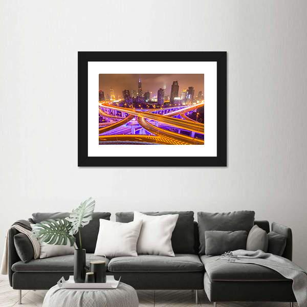 Shanghai Elevated Road Junction And Interchange Overpass At Night Canvas Wall Art-1 Piece-Framed Print-20" x 16"-Tiaracle
