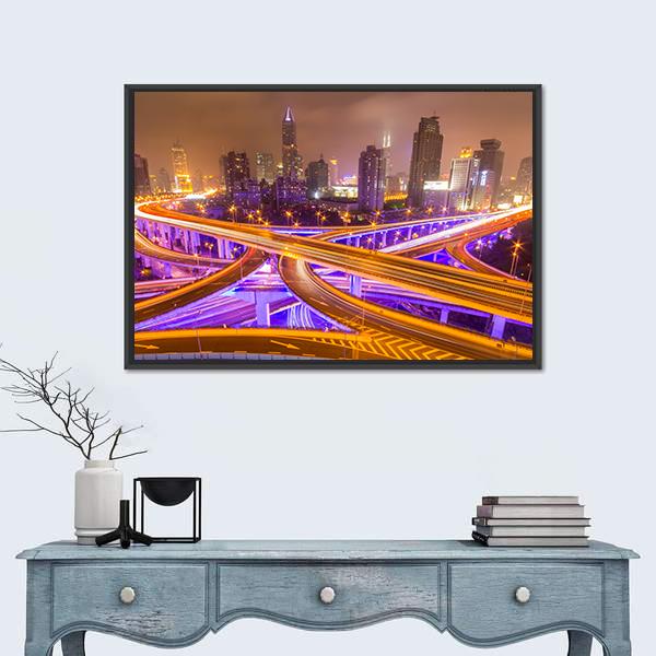 Shanghai Elevated Road Junction And Interchange Overpass At Night Canvas Wall Art-5 Horizontal-Gallery Wrap-22" x 12"-Tiaracle