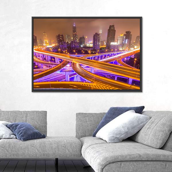 Shanghai Elevated Road Junction And Interchange Overpass At Night Canvas Wall Art-5 Horizontal-Gallery Wrap-22" x 12"-Tiaracle