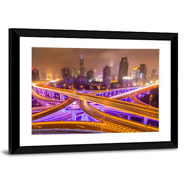 Shanghai Elevated Road Junction And Interchange Overpass At Night Canvas Wall Art-5 Horizontal-Gallery Wrap-22" x 12"-Tiaracle