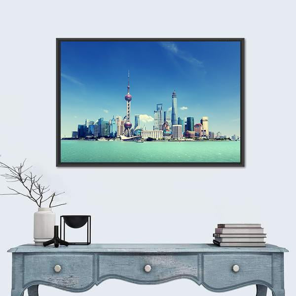 Shanghai Skyline And Sunny Day Canvas Wall Art-1 Piece-Floating Frame-24" x 16"-Tiaracle