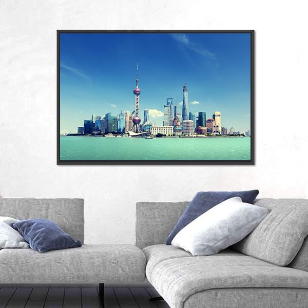 Shanghai Skyline And Sunny Day Canvas Wall Art-3 Horizontal-Gallery Wrap-25" x 16"-Tiaracle