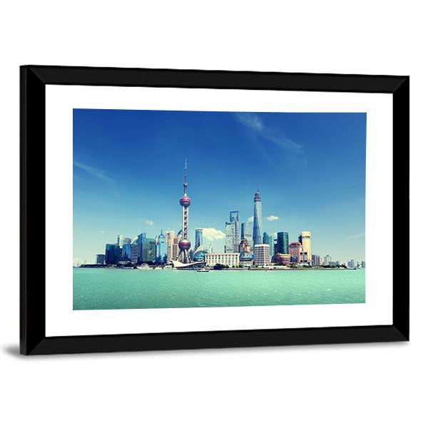 Shanghai Skyline And Sunny Day Canvas Wall Art-3 Horizontal-Gallery Wrap-25" x 16"-Tiaracle