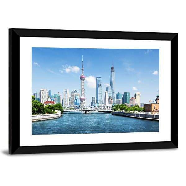 Shanghai Skyline In Sunny Day Canvas Wall Art-3 Horizontal-Gallery Wrap-25" x 16"-Tiaracle