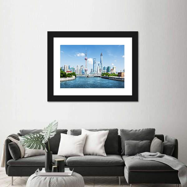 Shanghai Skyline In Sunny Day Canvas Wall Art-3 Horizontal-Gallery Wrap-25" x 16"-Tiaracle