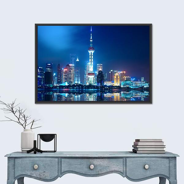 Shanghai Skyline With Reflection At Night Canvas Wall Art-1 Piece-Floating Frame-24" x 16"-Tiaracle