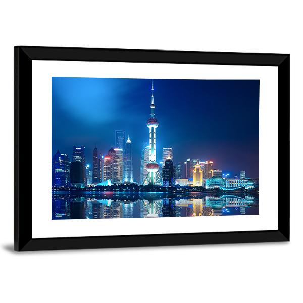 Shanghai Skyline With Reflection At Night Canvas Wall Art-3 Horizontal-Gallery Wrap-25" x 16"-Tiaracle