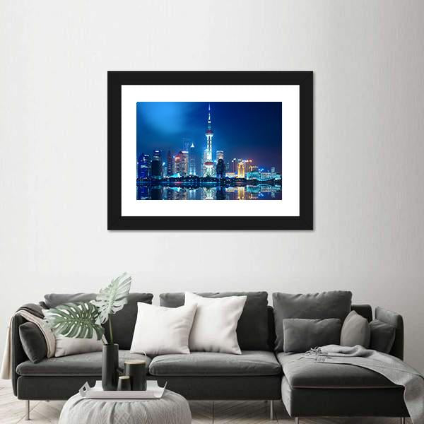 Shanghai Skyline With Reflection At Night Canvas Wall Art-3 Horizontal-Gallery Wrap-25" x 16"-Tiaracle