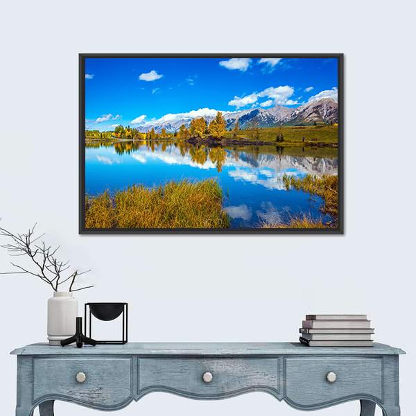 Shining Autumn Day In Canmore Canvas Wall Art-1 Piece-Floating Frame-36" x 24"-Tiaracle