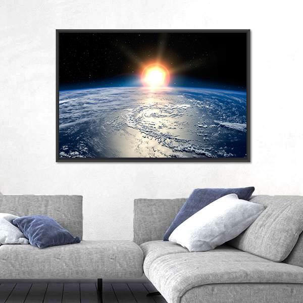 Shining Sun On Planet Earth Canvas Wall Art-1 Piece-Floating Frame-24" x 16"-Tiaracle