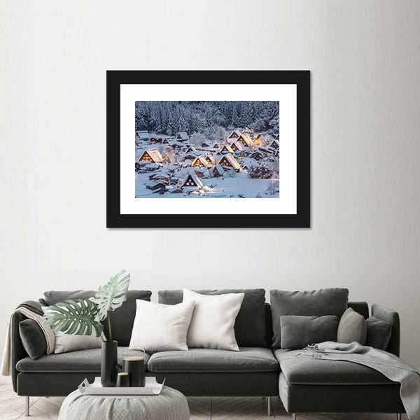 Shirakawago Light-Up With Snow Fall Canvas Wall Art-1 Piece-Framed Print-20" x 16"-Tiaracle